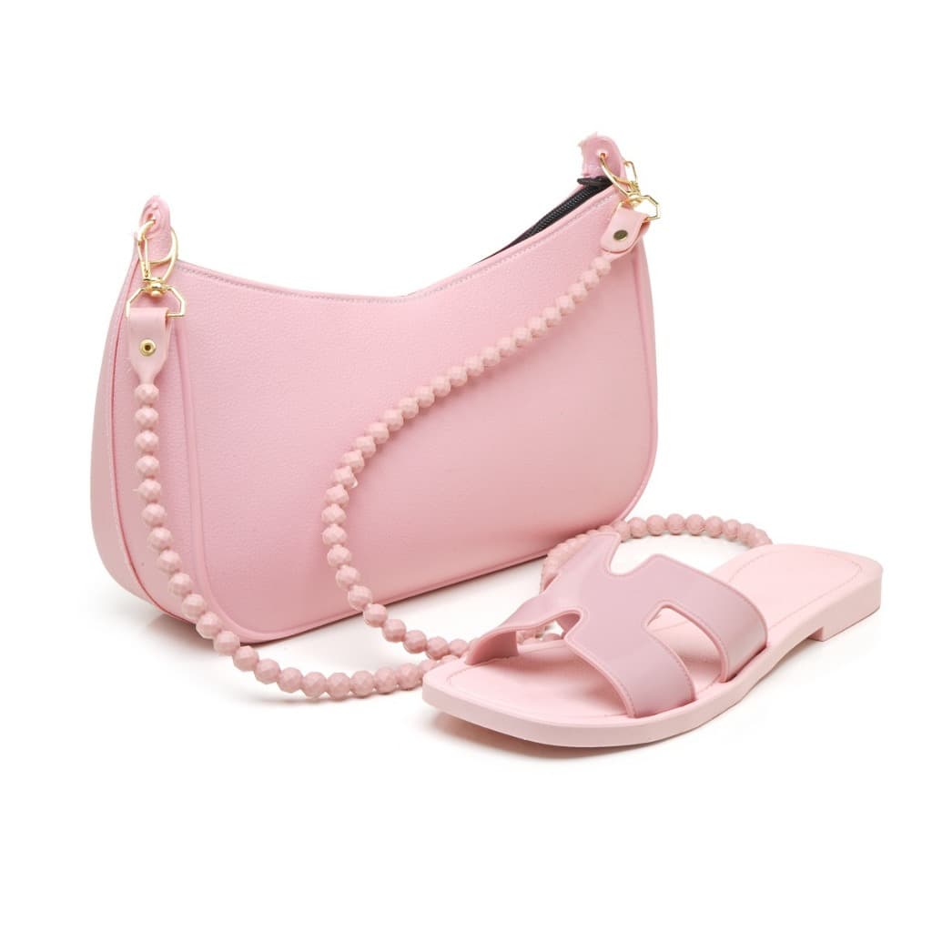 Kit Flat Rasteira Feminina + Bolsa Baguete Alça Bolinhas Luxo Verão Tendência Blogueira