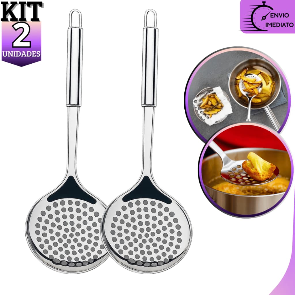 Kit 2 Escumadeira Para Fritura Babata e Pastel Arroz Aço Inox Grande e Resistente 33 cm
