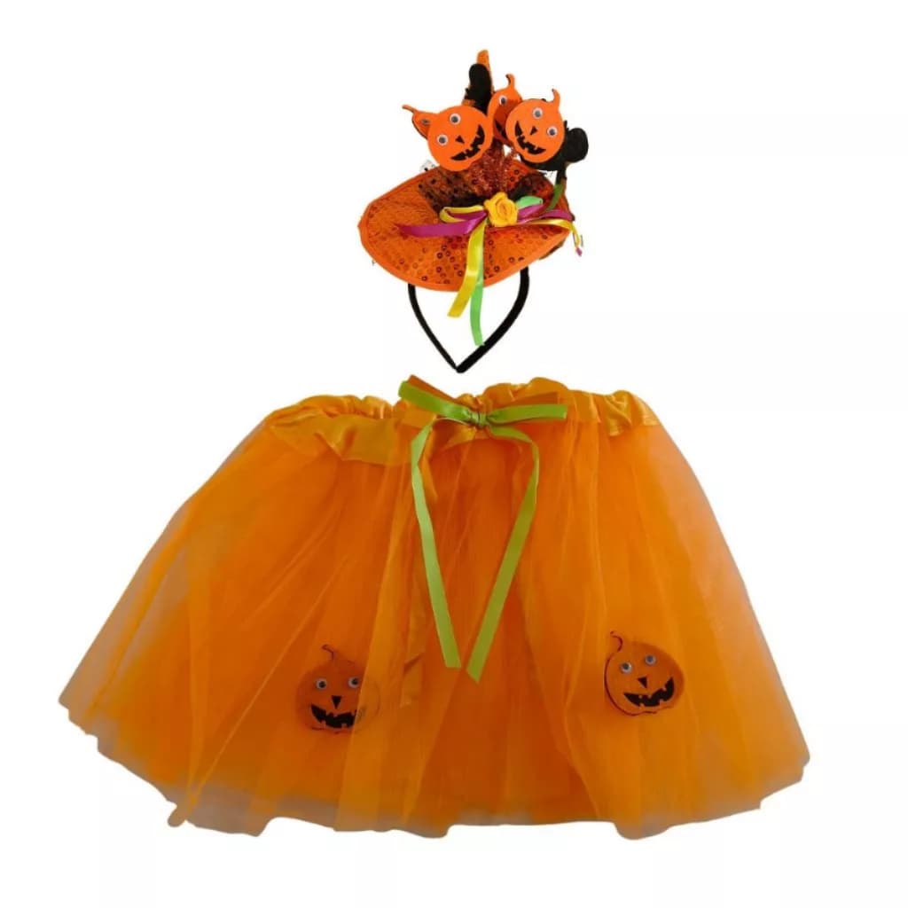 Fantasia Infantil Menina Bruxinha Halloween Saia Tutu Tiara com Abóboras