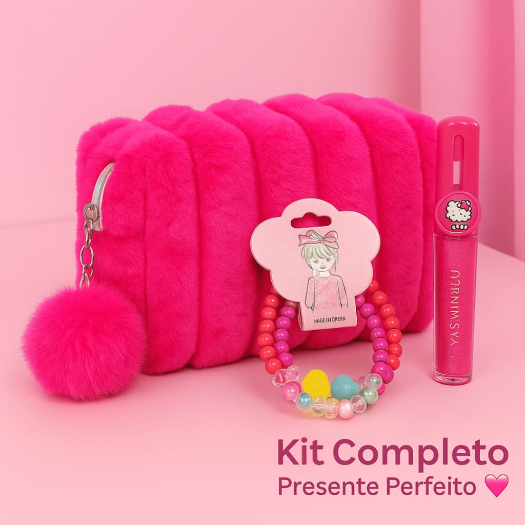 Kit Infantil Necessaire Peluciada + Gloss + Pulseiras Meninas | Presente Fofo e Versátil