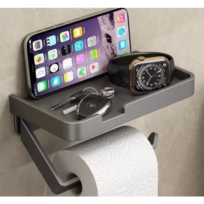 Metal Suporte  Porta Papel Higienico Preto e Suporte para Celular  Com Adesivo  Fixo na Parede Sem Furos ES