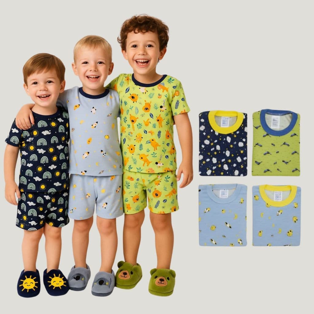 Kit 4 Peças Pijamas Infantil Verão Masculino 2 Blusas Manga Curta + 2 Shorts Menino