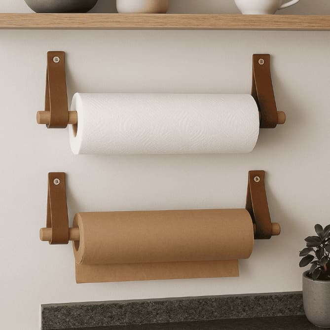 Kit 2 Porta Papel Toalha Rolo 40cm Alumínio Papel Kraft em Alça de Couro