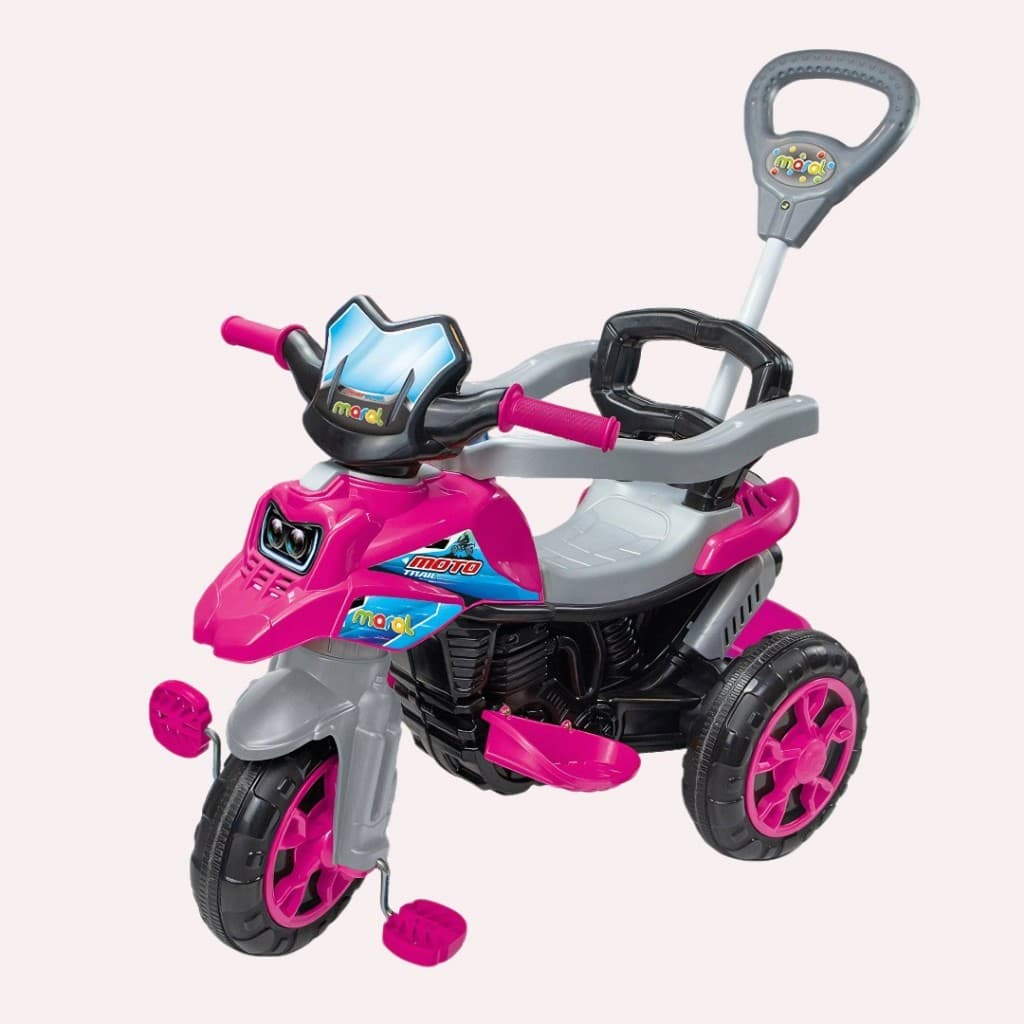 Triciclo Infantil Moto Rosa com Pedal Motoca Haste Removível, Cinto de Segurança e Porta-Objetos