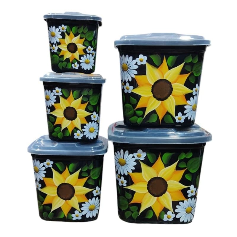 jogo de 5 peças plástico preto porta mantimentos decorado a mão girassol potes de alimentos