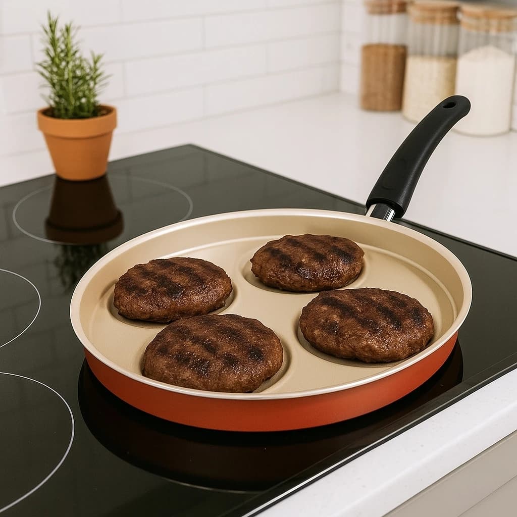 Frigideira 4 Em 1 Multiuso Com Divisórias Antiaderente Ovos Hamburgers - 1,5 Litros - Cereja