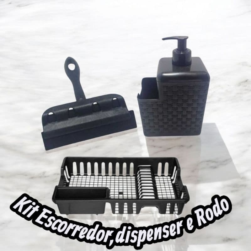 Kit Escorredor de Louças para Pia 3 em 1 com Dispenser de Detergente e Rodo Plástico Preto