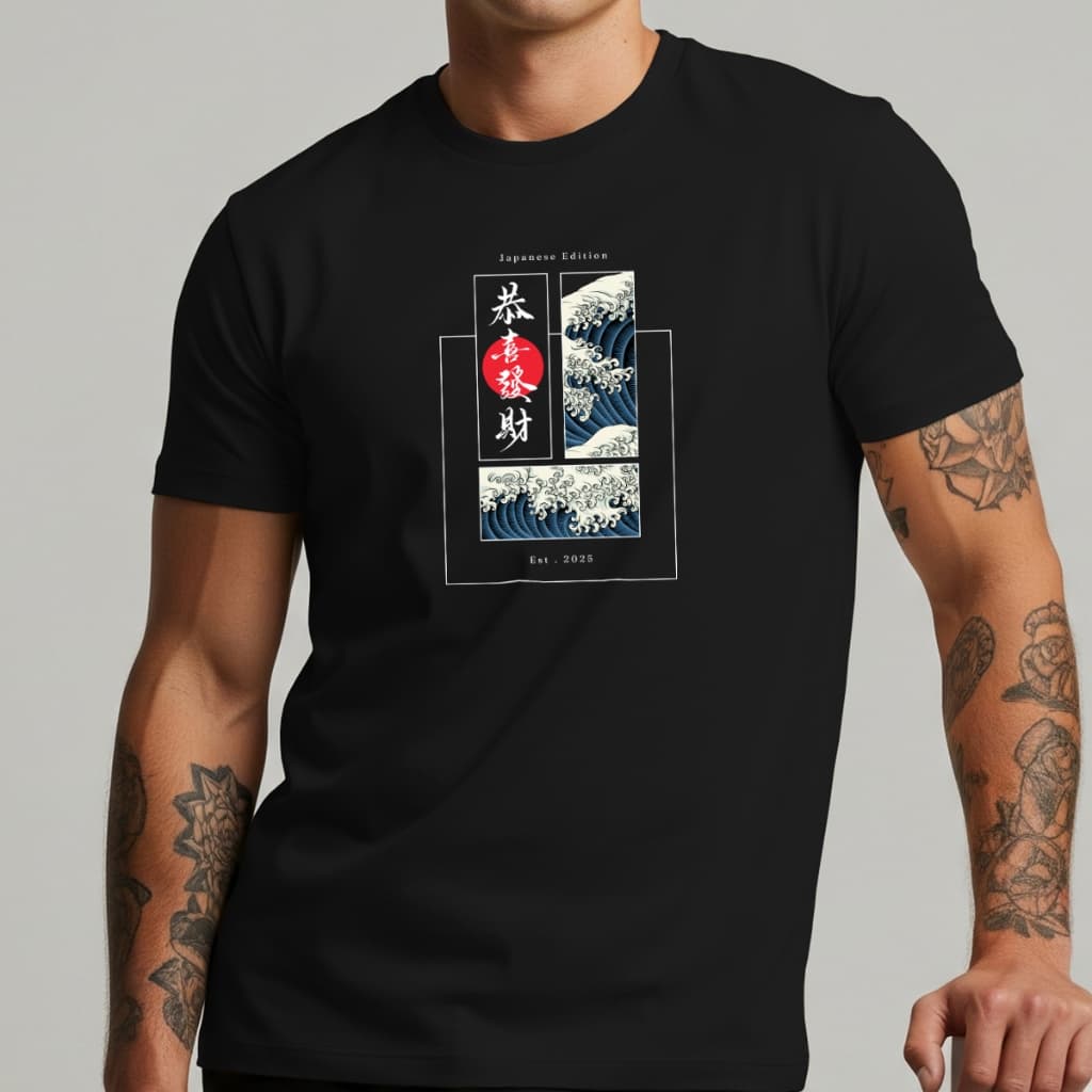 Camiseta Masculina Estampa Japonesa Onda Kanagawa Arte Oriental Streetwear Algodão Casual
