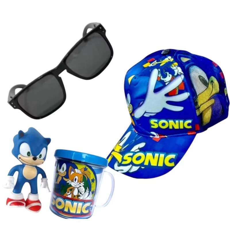 kit 4, Boneco Sonic + Boné + Oculos + Caneca Personalizada