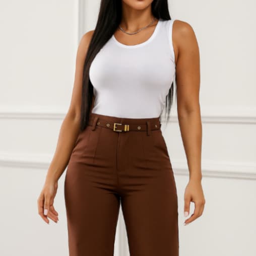 Calça Pantalona Alfaiataria Premium con cinto tecido grosso