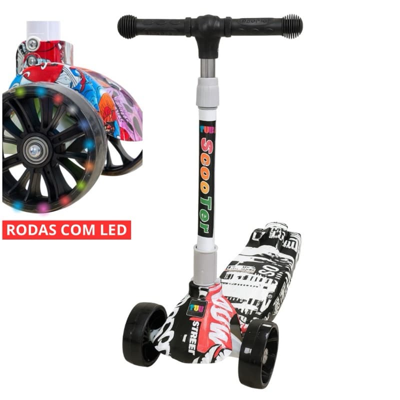 Patinete Infantil Premium 3 Rodas Largas Led Suporta Até 50kg Ajustavel Altura 4 Níveis Dobrável Diversão Radical