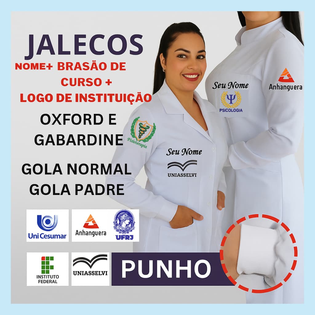 Jaleco Feminino Bordado Personalizado/Com seu Nome+Brasão do Curso+Logo da Faculdade.(ENFERMAGEM,MEDICINA,NUTRIÇÃO)