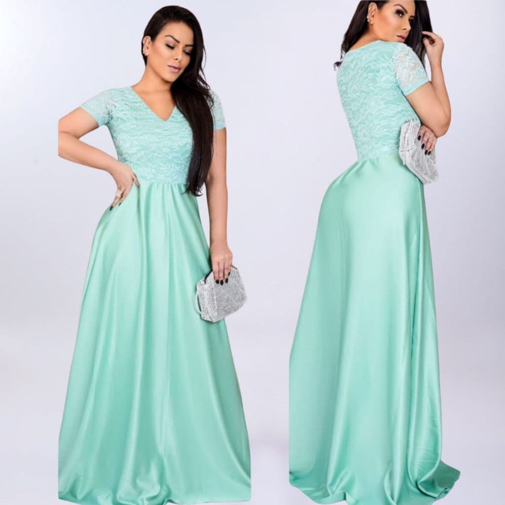 vestido longo godê elegante de renda e saia de crepe acetinado madrinha de casamento formatura festa verde claro