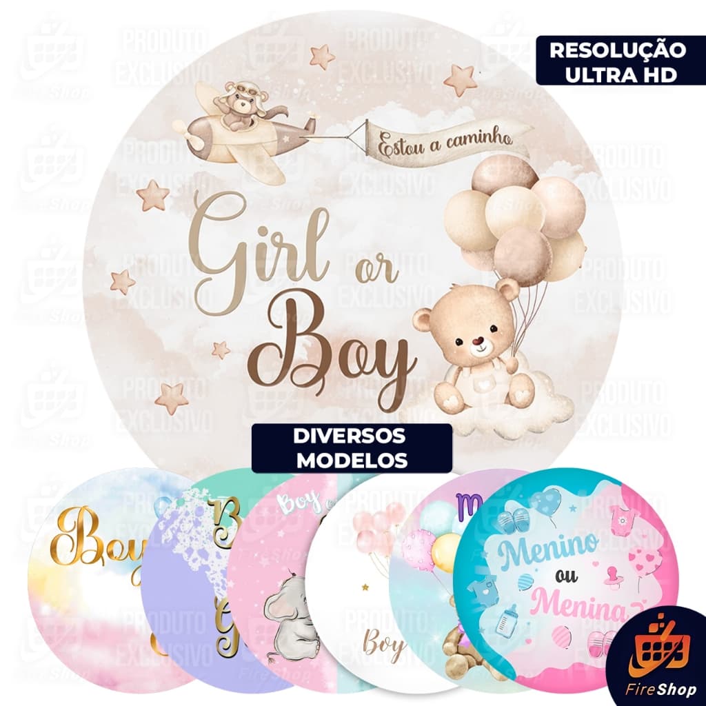 Capa Painel de Festa 50x50 CM - CHÁ REVELAÇÃO - BOY OR GIRL - VARIOS MODELOS - Tecido Sublimado C/ Elástico FIRE