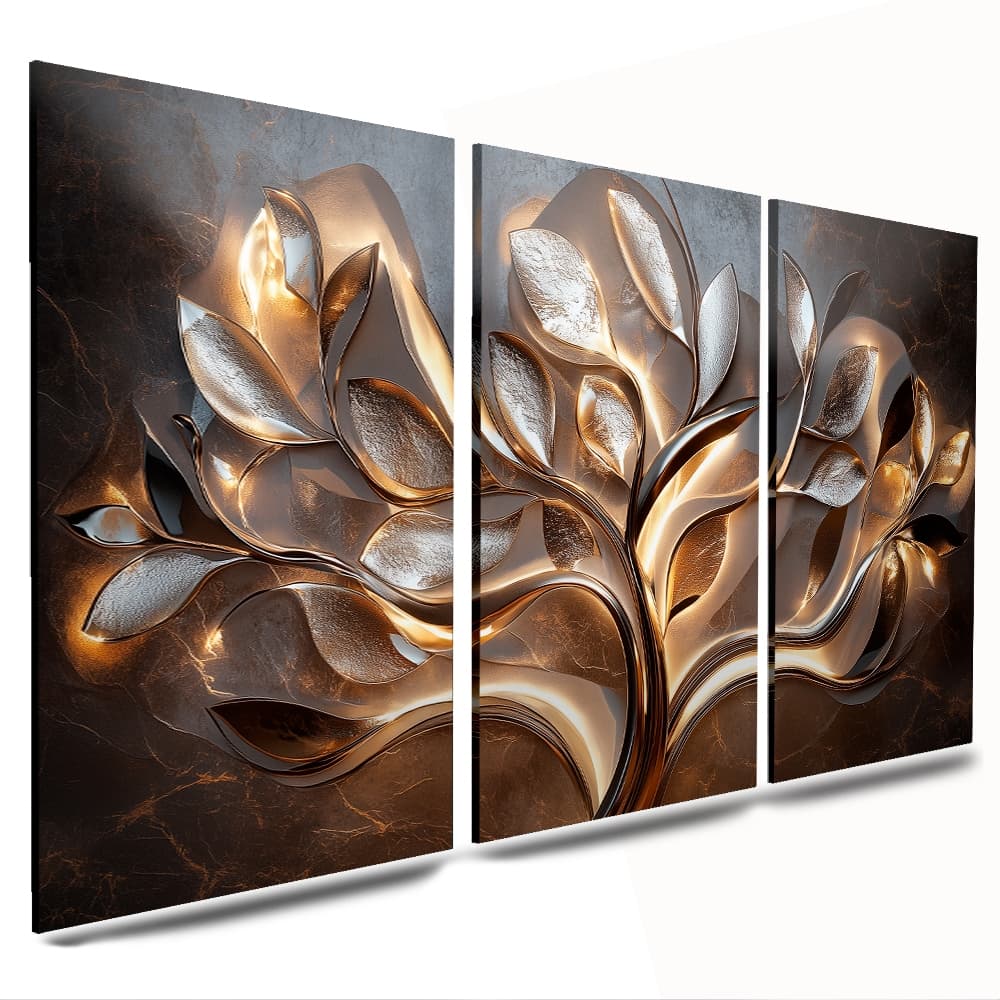 kit completo quadros decoração moldura sala árvore da vida folhas dourado