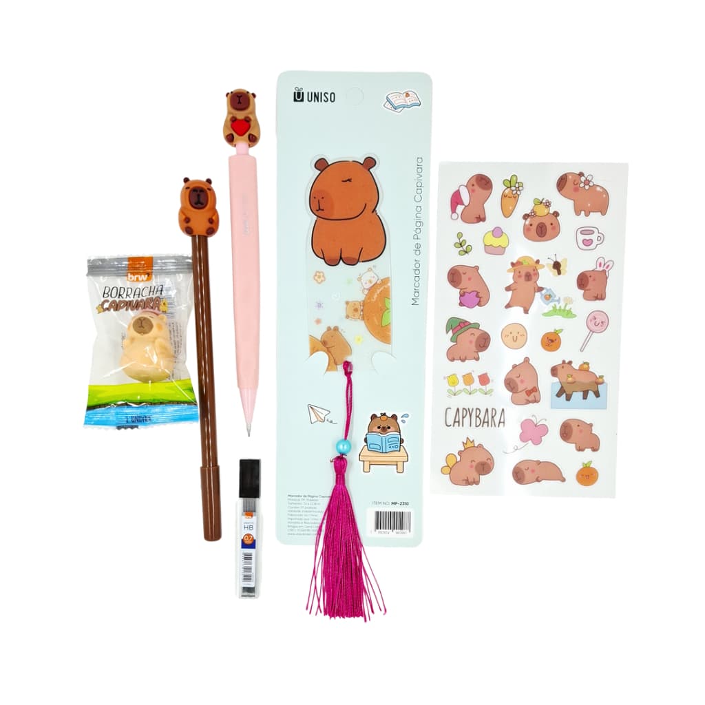KIT ESCOLAR CAPIVARA LAPISEIRA CANETA BORRACHA MARCADOR DE PAGINA PAPELARIA FOFA KAWAII