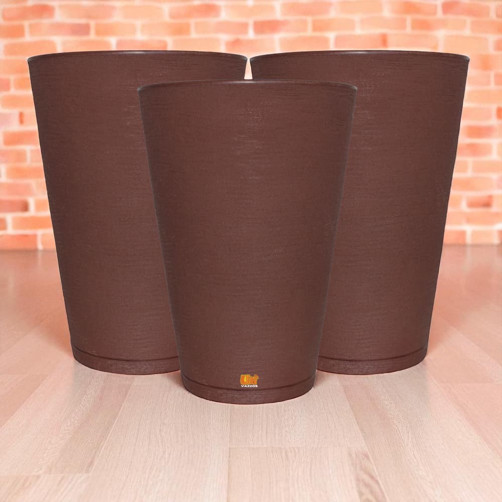 Kit 3 Vasos P/Planta Redondo Cone Texturizado Moderno N°3 (35X49) C/Prato Coletor Decor Casa Jardim