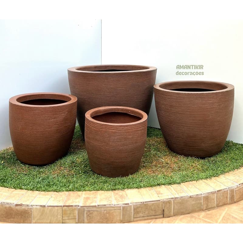 Kit 4 Vasos de Planta Decorativo Reciclável em Polietileno Moderno Luxo, Redondo Texturizado  Tamanhos 1 -2 -3 e 4.