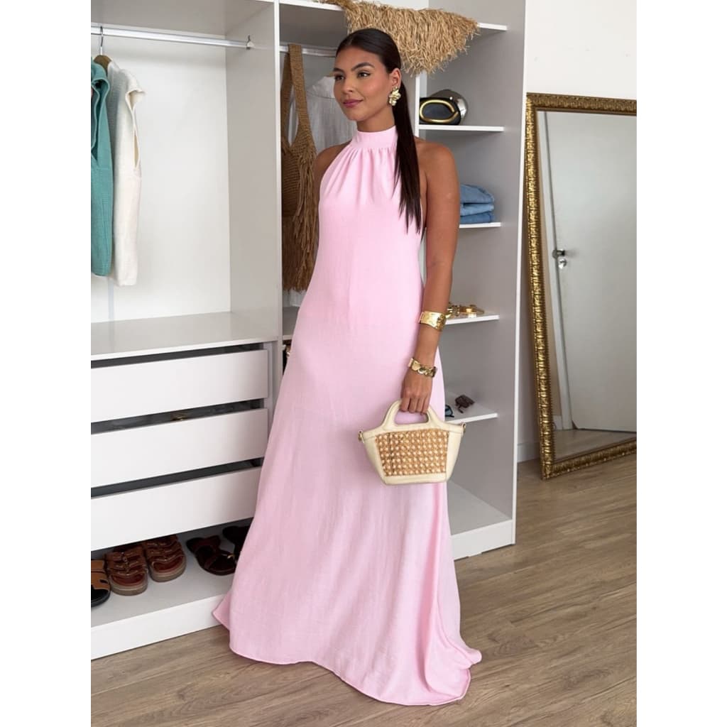 Vestido Feminino Longo com Gola Halter e Costas Abertas Amarração