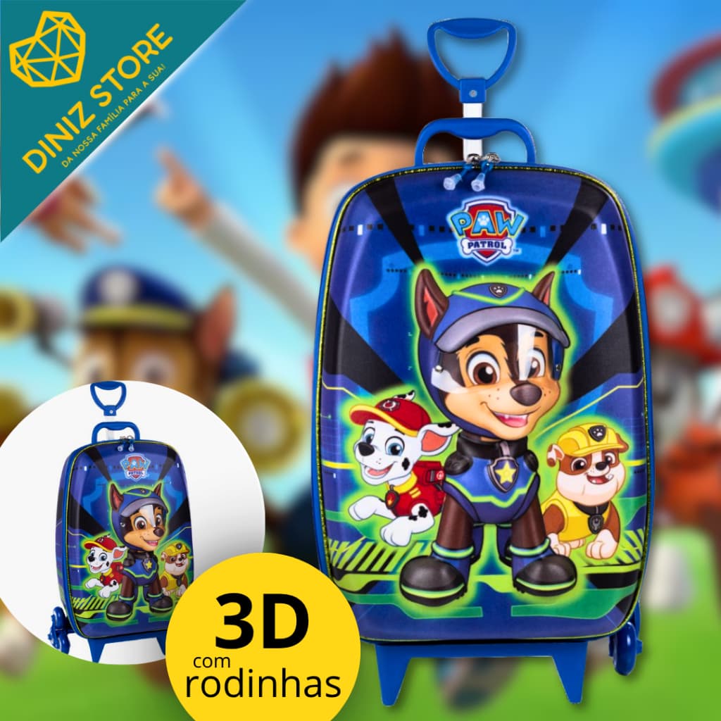 Mochila Mala Infantil Patrulha Canina 3D com Rodinhas Azul
