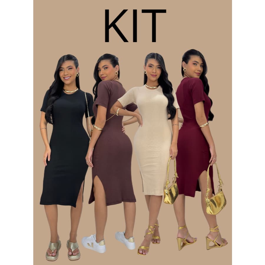Kit Vestido Feminino Ribana Canelada Premium Algodão com Elastano Mid com Manga Curta e Fenda Lateral Modinha Blogueira
