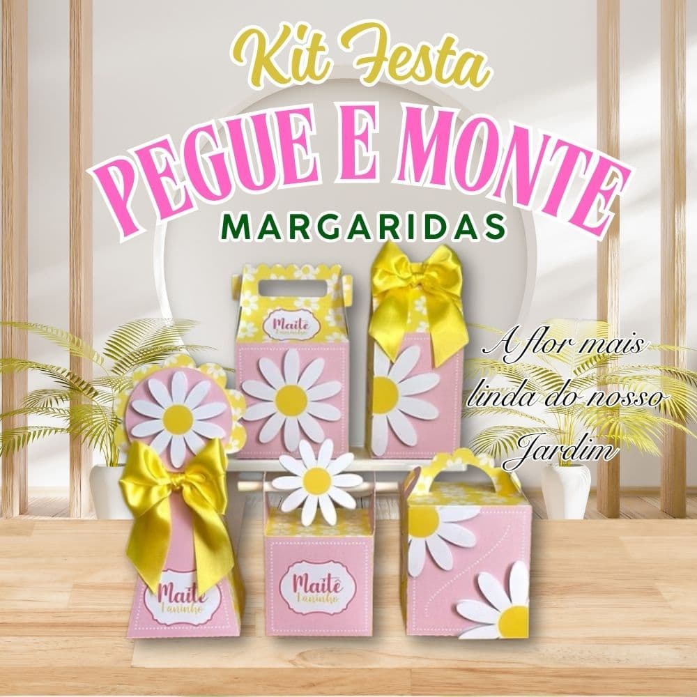 KIT Festas MARGARIDAS COM APLIQUE 3D Caixinhas Personalizadas Lembrancinhas Para festas PEGUE E MONTE