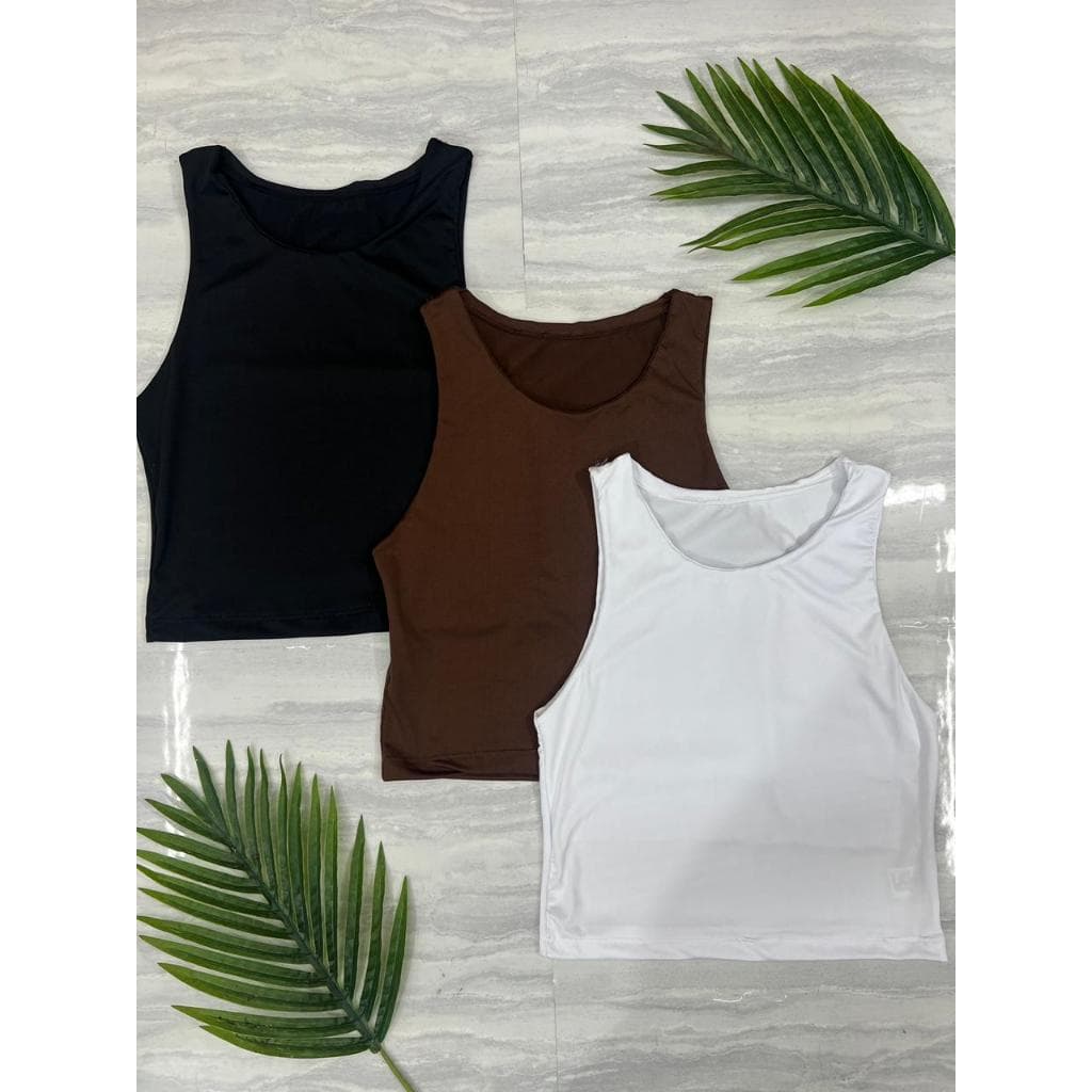Kit 3 Peças Cores Sortidas Top Cropped Regata Suplex com Forro Duplo Modelo Gola U Cores Variadas