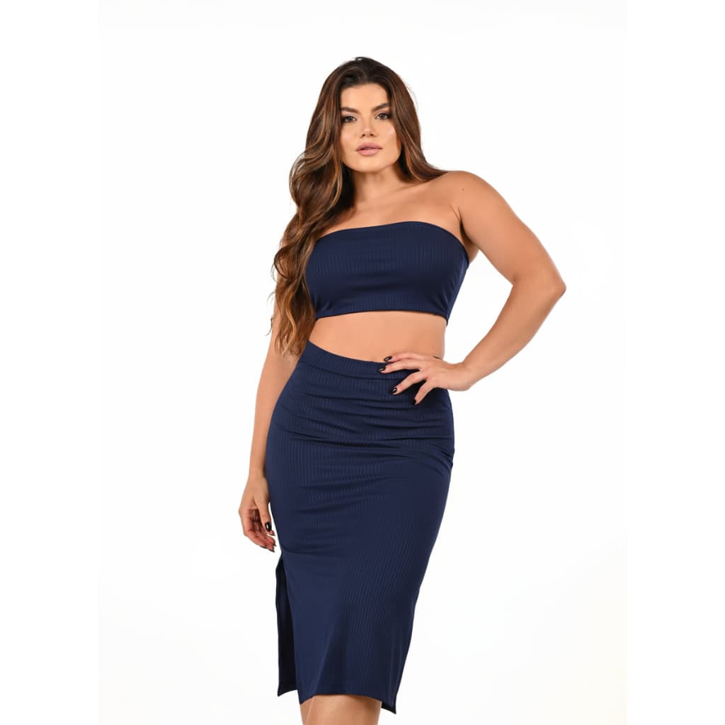 Conjunto Canelado  Saia Midi + Top Tomara Que Caia Lindo versátil  look 2x1