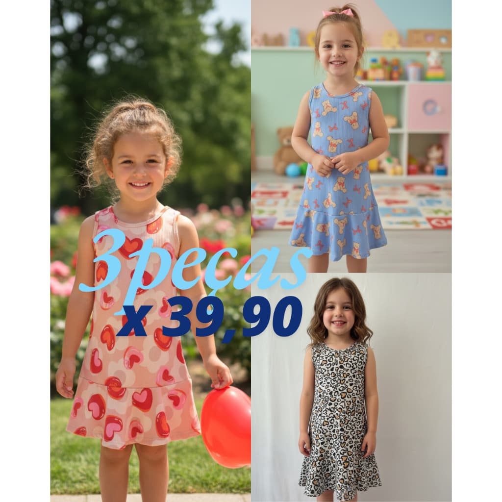 Vestido Infantil De Canelado Estampado Kit 3 Peças Sortidas