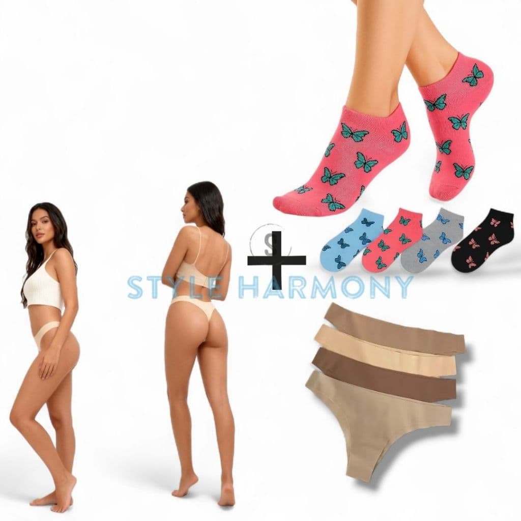 Kit 10 Calcinhas Sem Costura Corte a Laser + 12 Pares de meias Soquetes