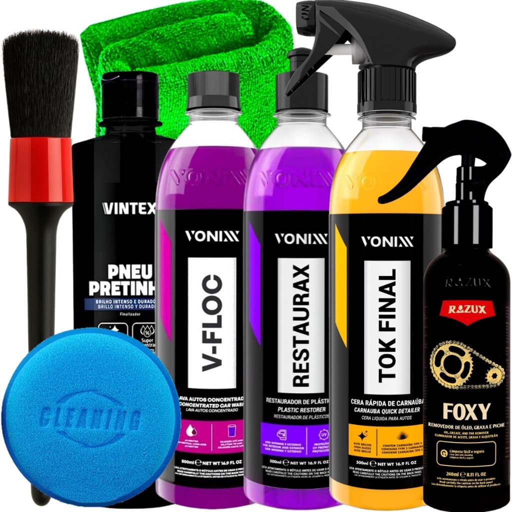 Kit Vonixx Limpeza Tok Final Shampoo V-Floc Revitalizador Restaurax Foxy Razux Pneu Pretinho Vintex Acessórios Karbox