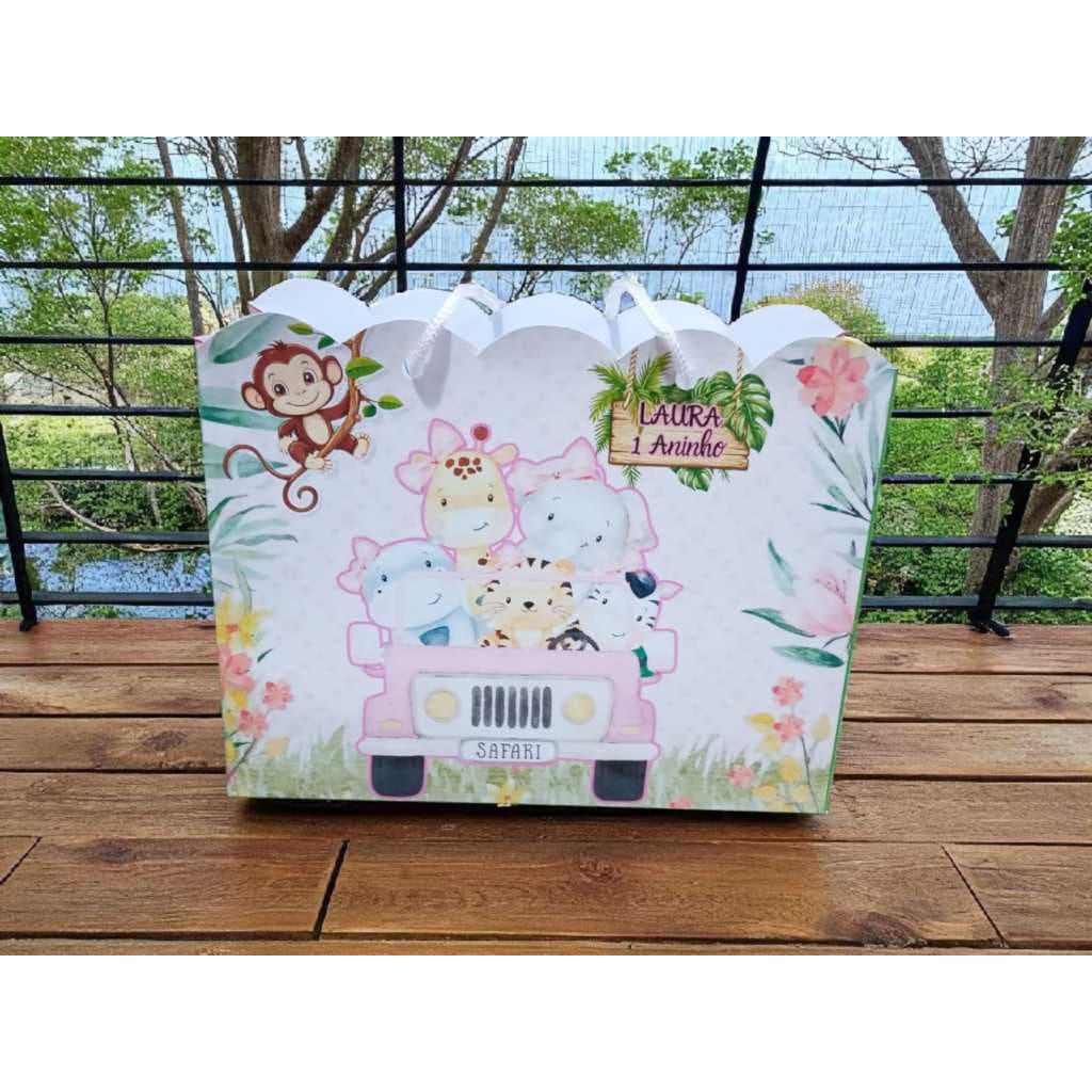 Sacolinha Personalizada Safari Rosa - Festa de Aniversário - Lembrancinha (Envio Rápido)
