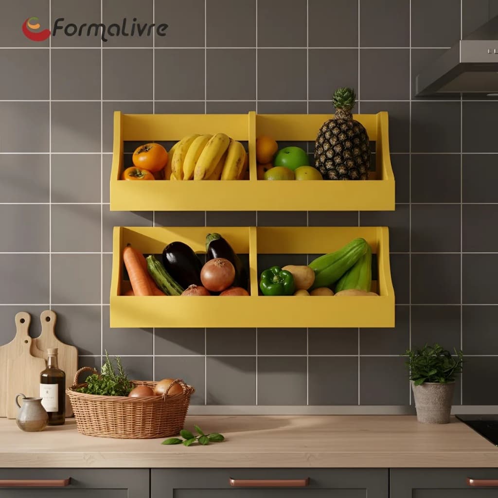 Fruteira Suspensa de Parede Prateleira Porta Legumes Cozinha em Madeira Amarelo Laca