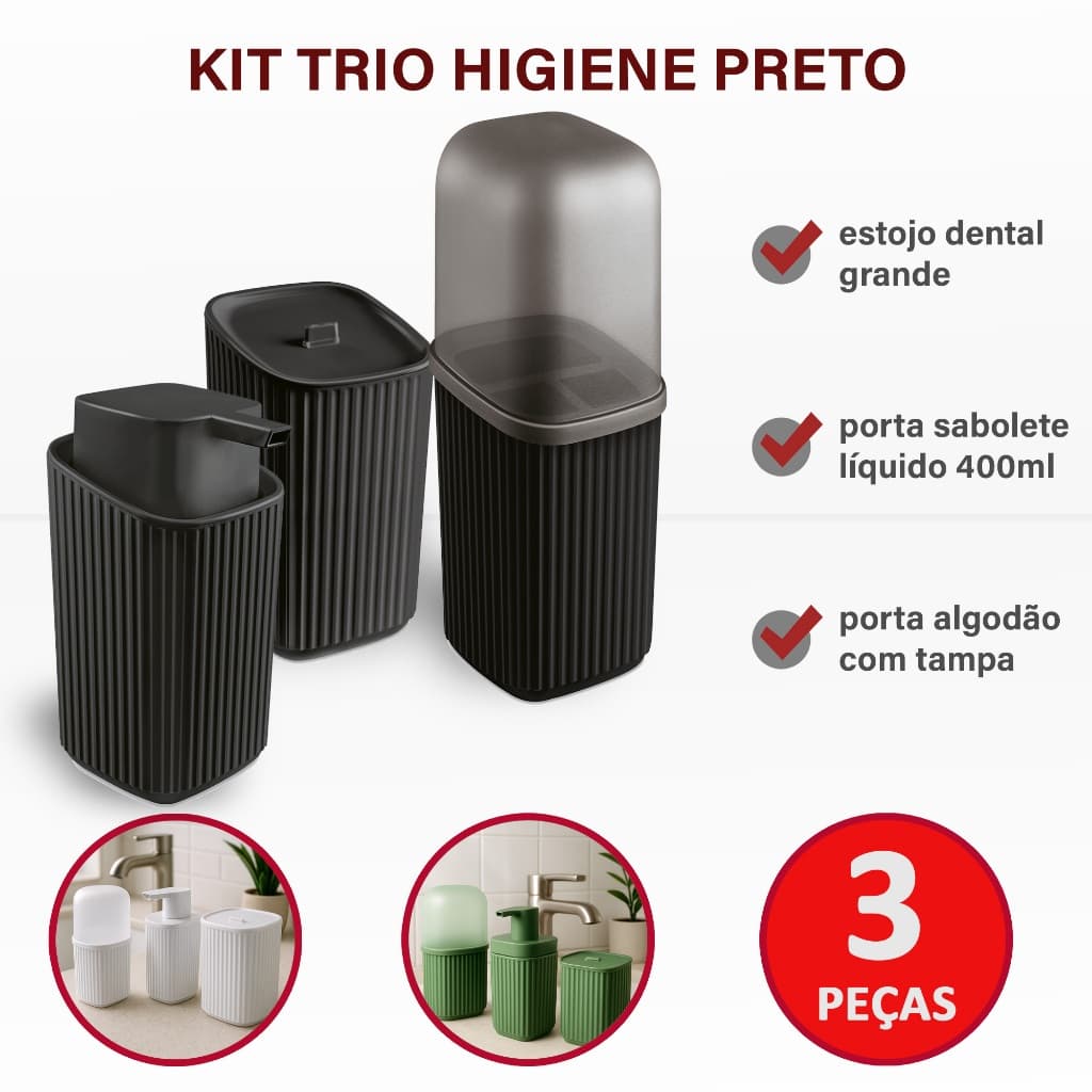 Kit Banheiro 3 Peças Usual Porta Escova com Tampa Sabonete Líquido e Porta Algodão Organizador de Pia