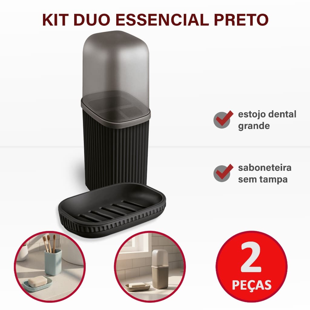 Conjunto Banheiro 2 Peças Usual Porta Escova com Tampa e Saboneteira Kit Viagem Cores Variadas