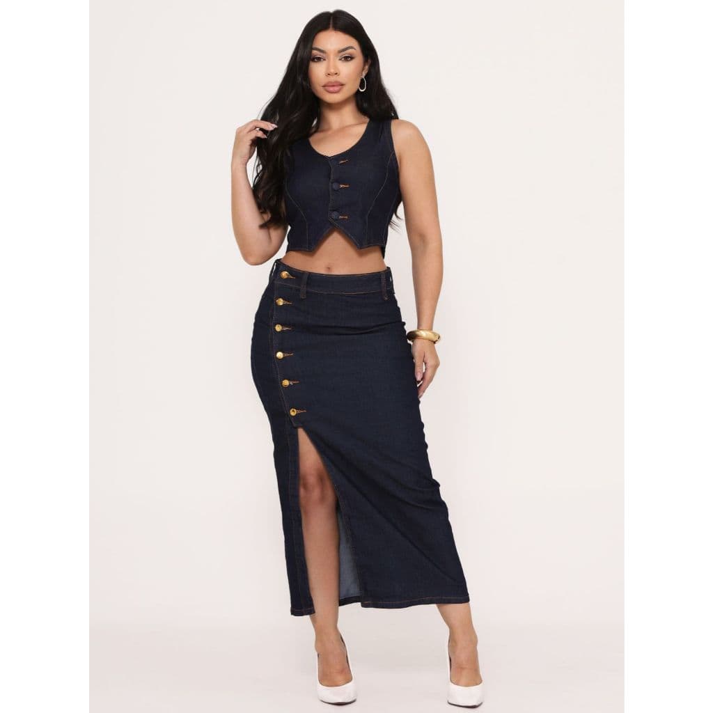 Conjunto Saia Midi e Colete Jeans Feminino Com Lycra Botões