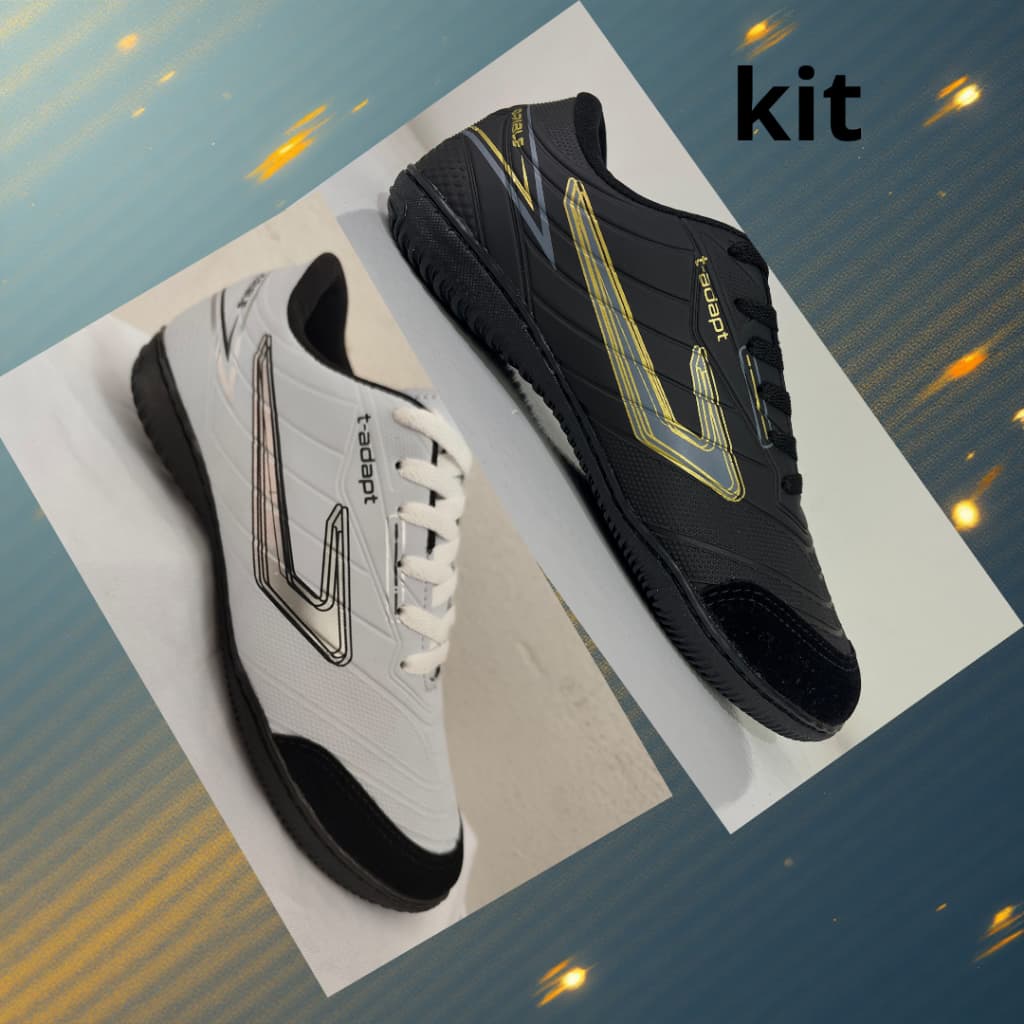 kit chuteira futsal branca e preta top frente reforçada ,costurada, quadra ,salão ,esporte ,preta/branca