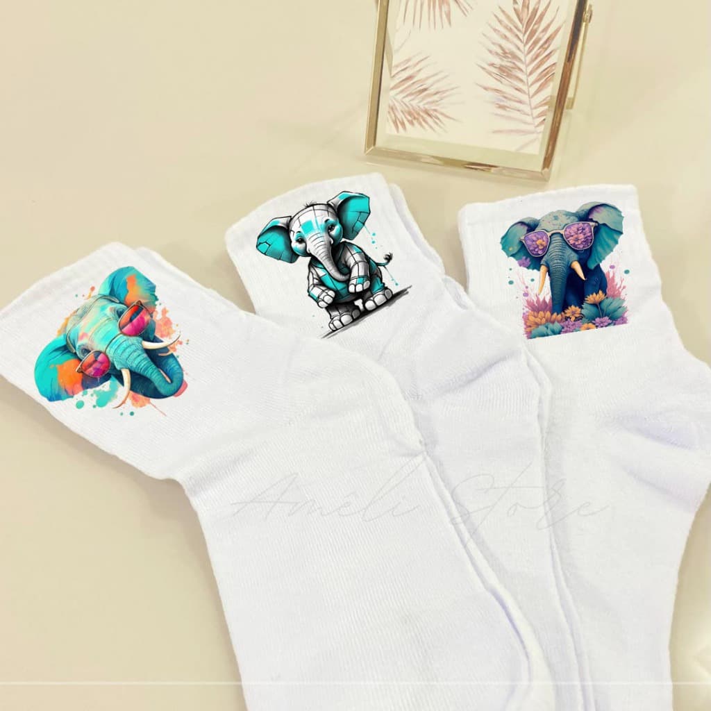 Meia Personalizada Elefante Kit 03un de Meias Brancas Cano Alto – Estampas Criativas e Divertidas | Unissex