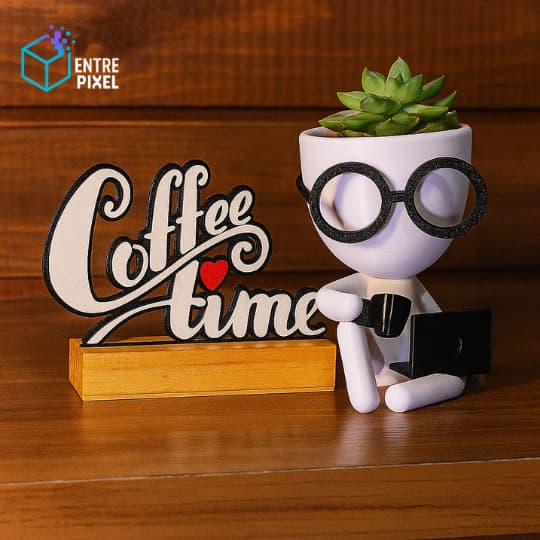 Decoração café, kit Coffee Time com Vasinho tomando café, Robert Plant, vasinho, cantinho do café.