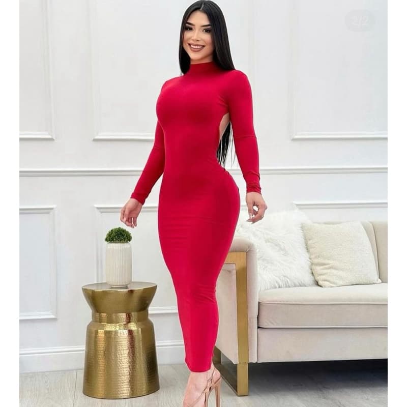 vestido feminino gola alta longo empina bumbum manga longa costa nua (GRAZIEELAA)