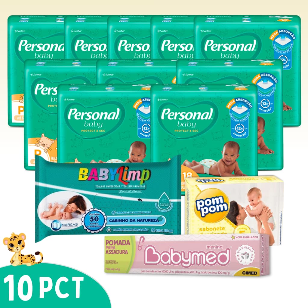 10 Pacotes de Fralda Personal Baby + Lenço Umedecido + Sabonete + Pomada Infantil