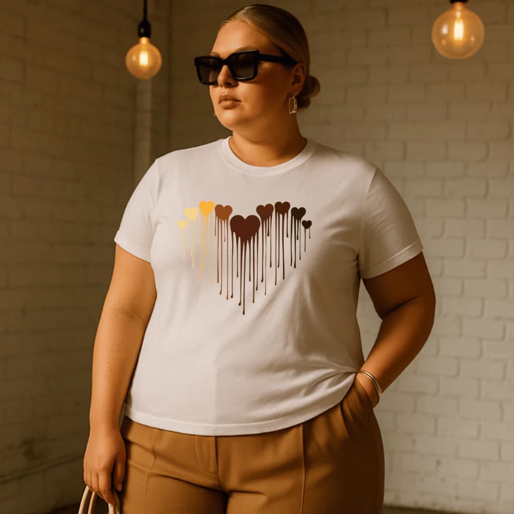 Camiseta Plus Size Feminina Estampada Coração Escorrido 100% Algodão Premium Verão Academia Treino Blusa Camisa