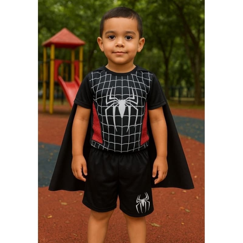 Fantasia infantil homem aranha preta conjunto menino camiseta short e capa para aniversário carnaval.