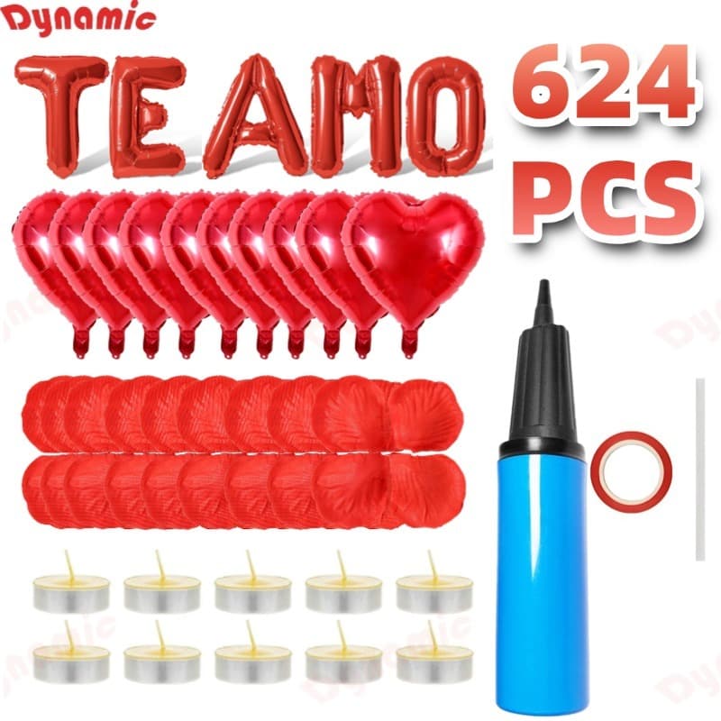Kit Romântico - 600 Pétalas + 10 Velas + 10 Balões Coração + Balão Te Amo + Fitilho + Bomba DY