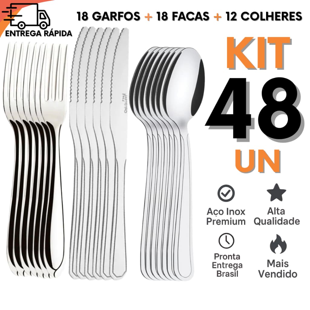 Kit 48 Unidades Talheres de Inox Garfos Facas e Colheres de Sopa Para Cozinha Eventos Restaurantes