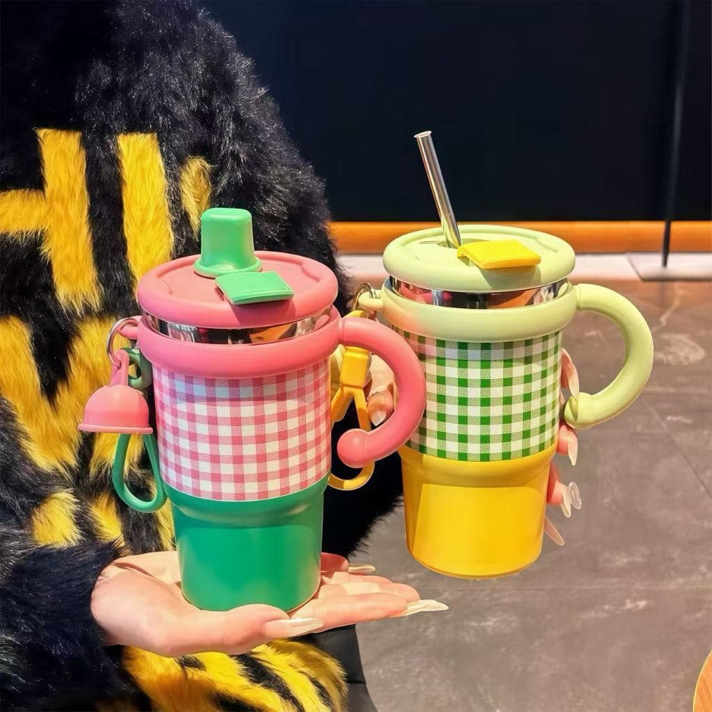 Copo Caneca Garrafa Térmico Inox Portátil 500ml com Canudo Alça e Tampa desenho Xadrez Para Cafe