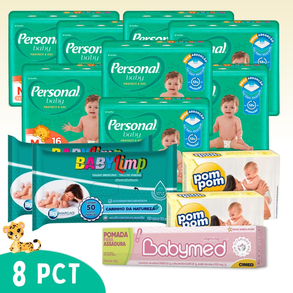 Combo Completo Para Bebê Fralda Personal Baby + Lenço Umedecido + Pomada Infantil + Sabonete Pompom
