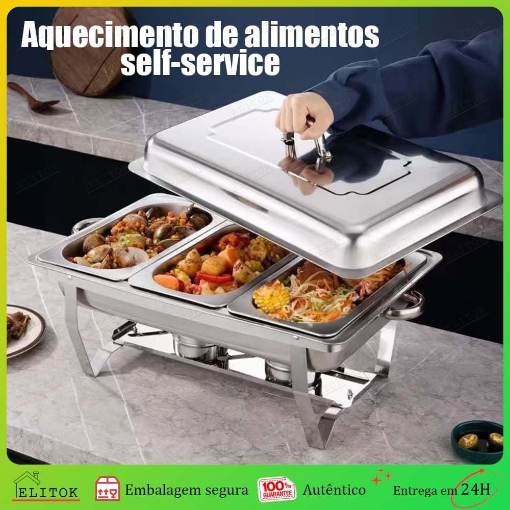 Rechaud Inox 11 Litros 1/3 Panelas Banho Maria 3 Cubas Buffet Profissional Para Festa e Eventos