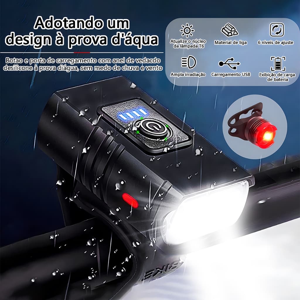 Kit Lanterna E Farol Bicicleta 7H 6 Modos 2000 Lumens Recarregável À Prova D'Água Luz De Bicicleta