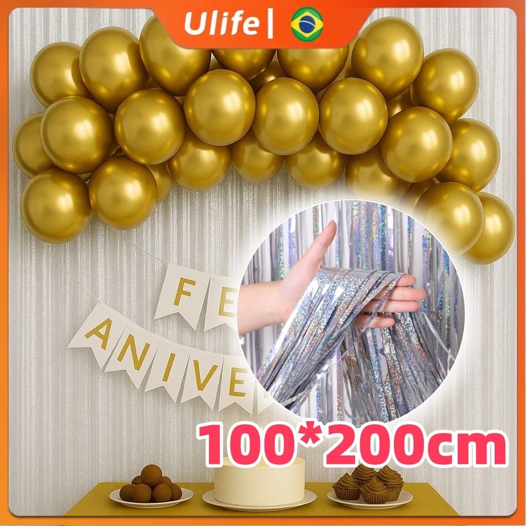 Kit 1/2/3/4 Cortina com Franja Holográfica Metalizada 1x2m Para Decoração de Festa